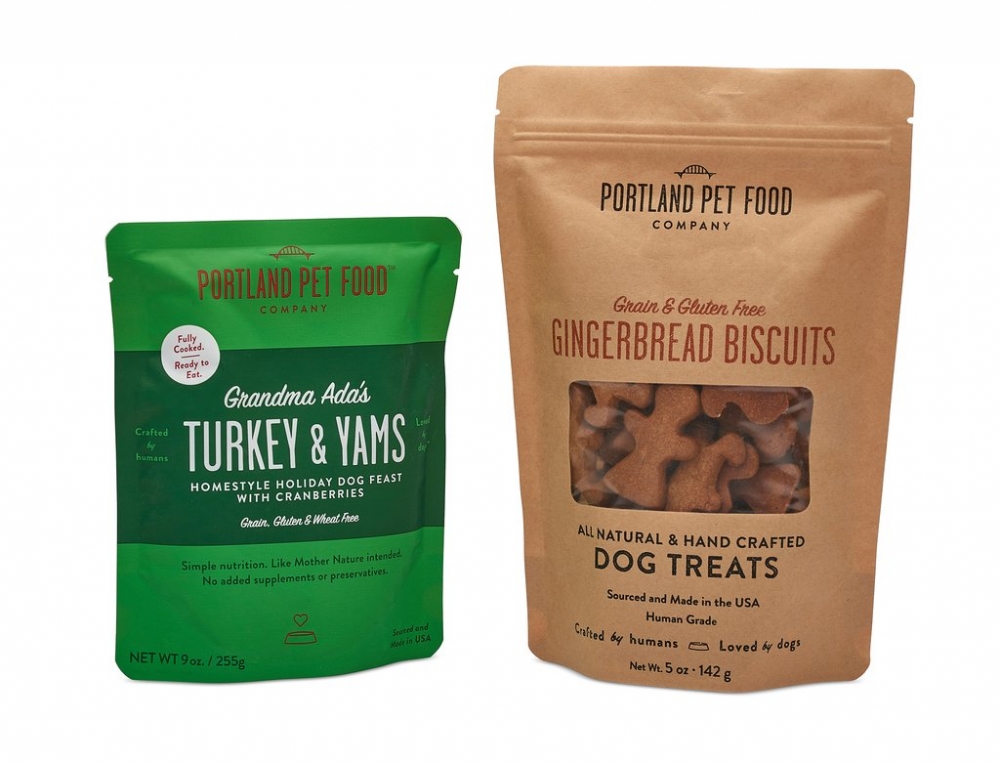 Portland Pet Food Company's Holiday Pack with turkey and yams meal pouch and gingerbread biscuits